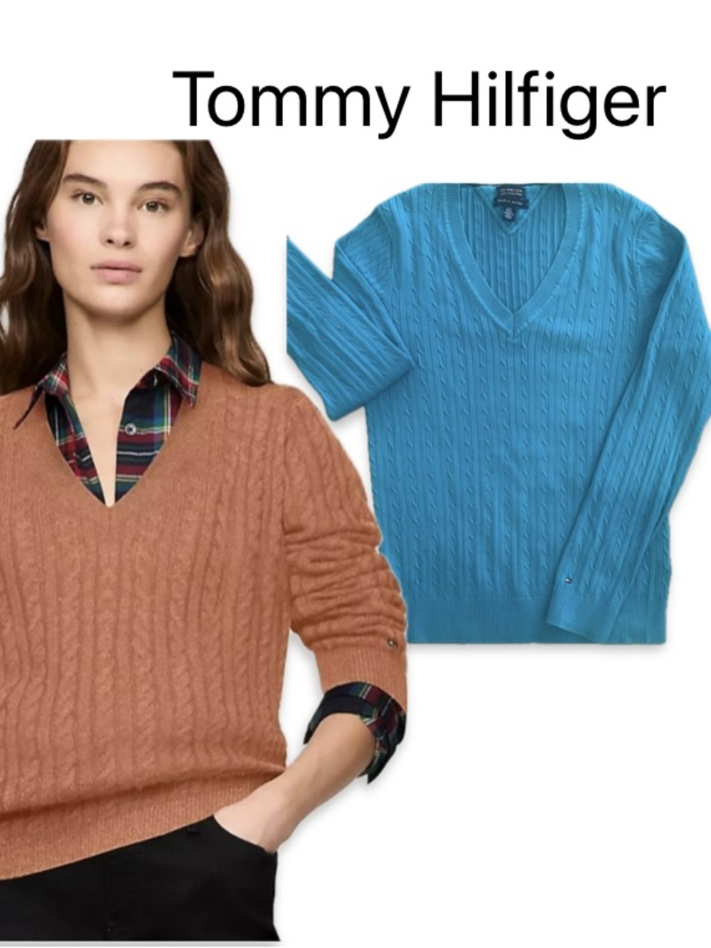 Tommy Hilfiger Teal Cable Knit V-Neck Sweater Pima Cotton Medium